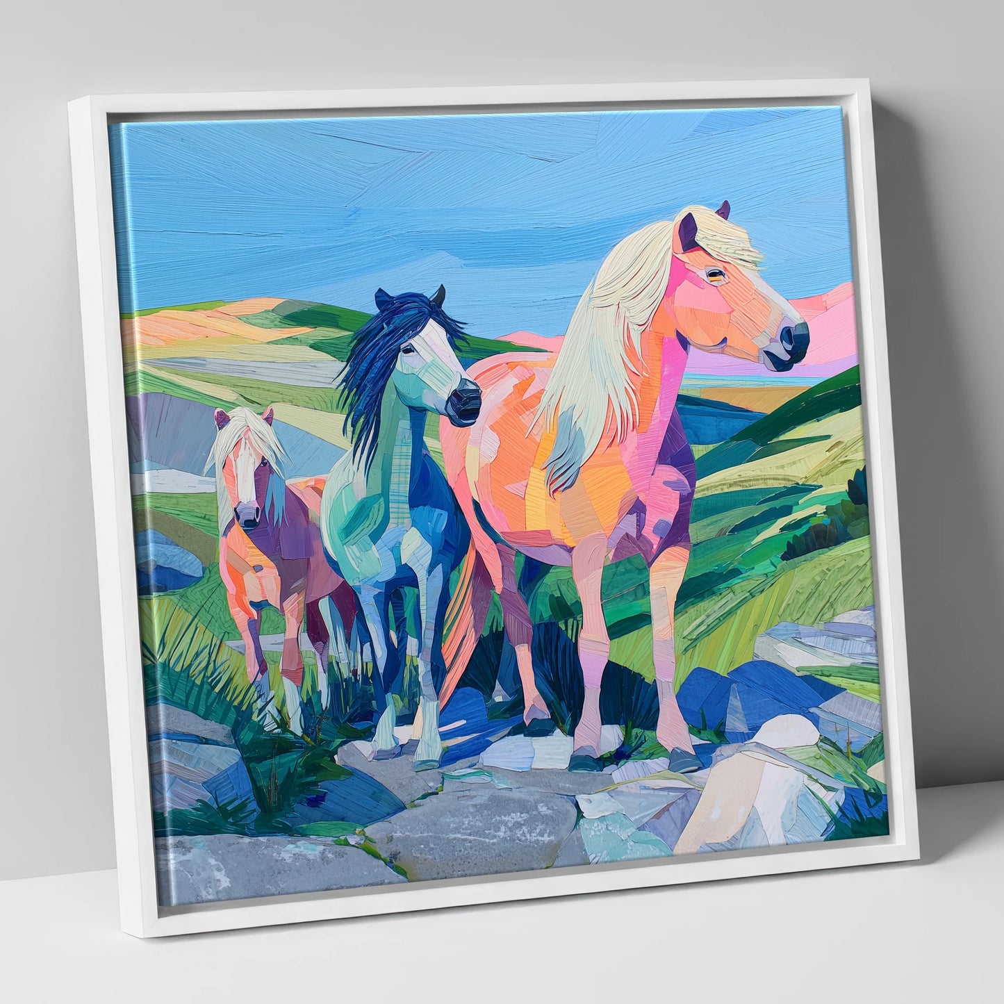 Vivid Moorland Herd horse landscape canvas wall art in white frame