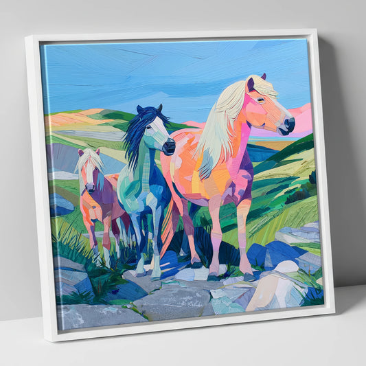 Vivid Moorland Herd horse landscape canvas wall art in white frame
