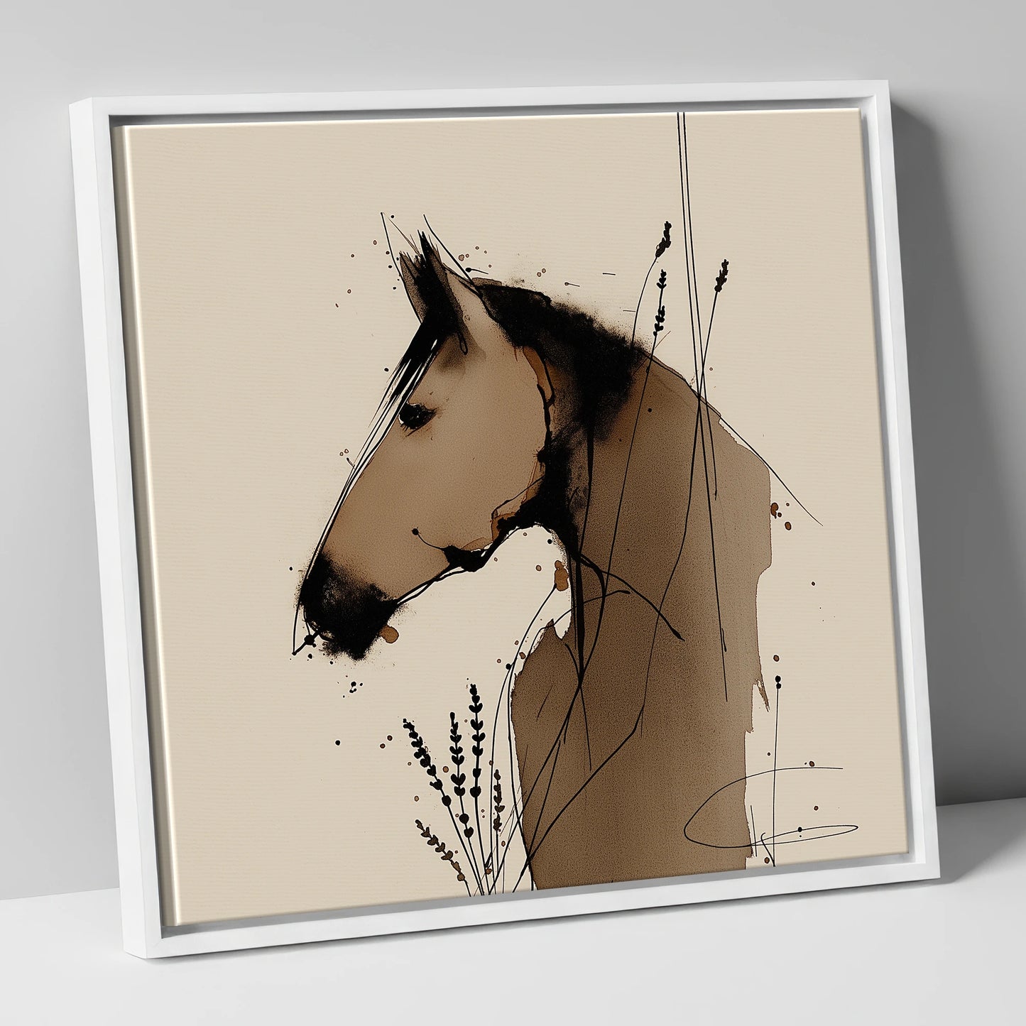 Earthy Equine Silhouette horse portrait canvas wall art in white frame