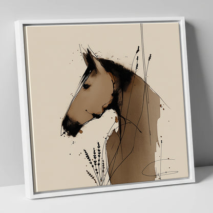 Earthy Equine Silhouette horse portrait canvas wall art in white frame