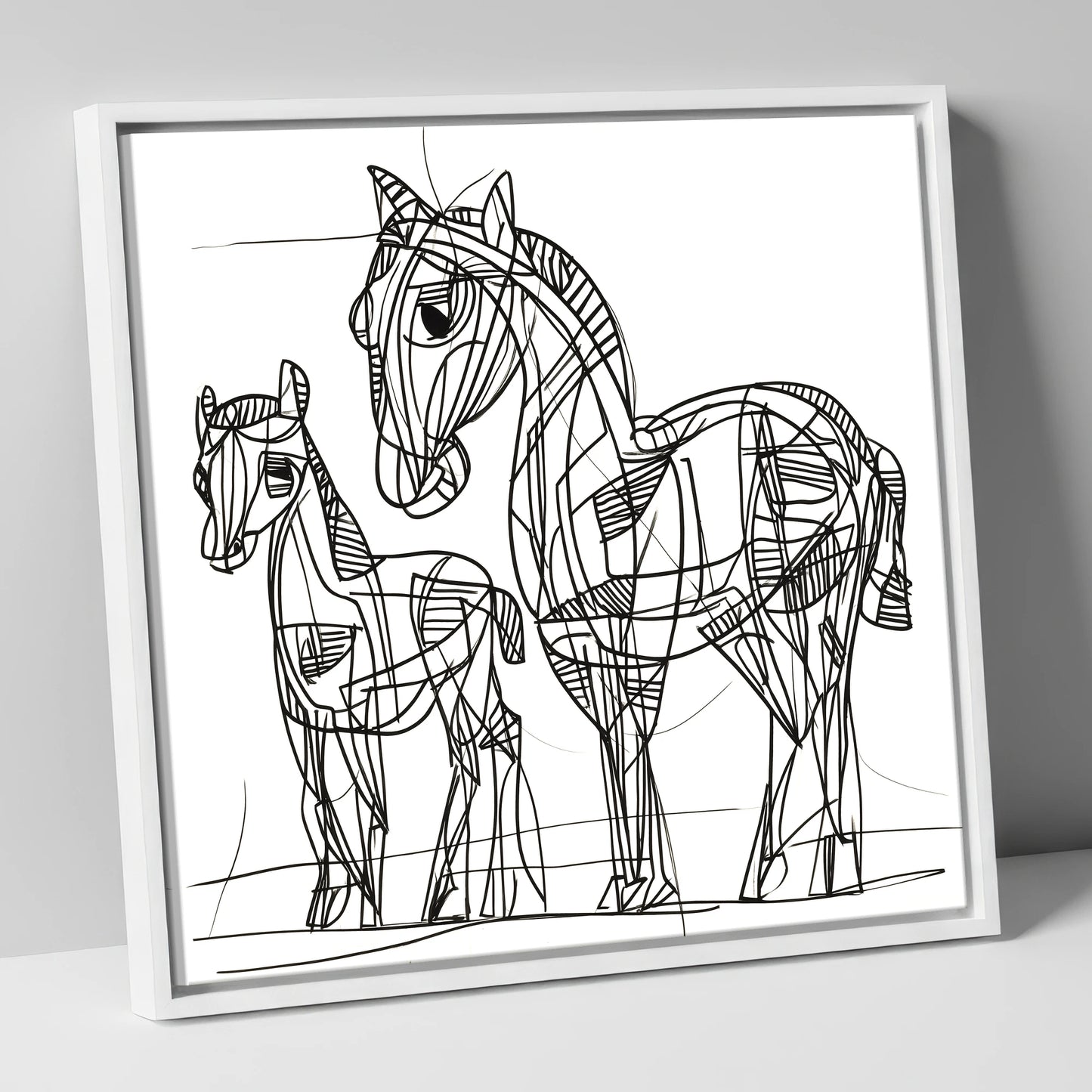 Linear Equine Bond mare & foal canvas wall art in white frame