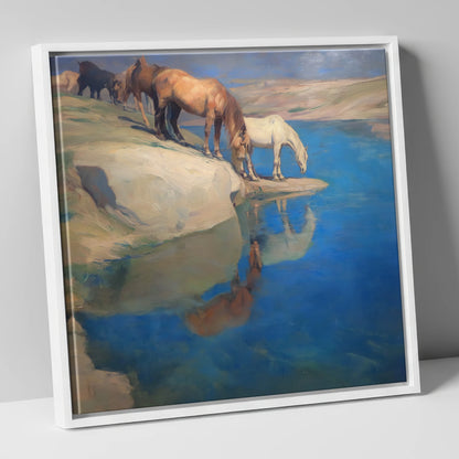 The Azure Watering Hole wild horses canvas wall art in white frame