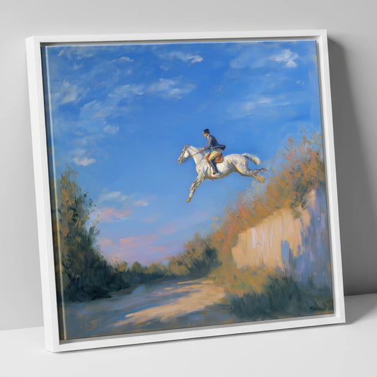 Sunlit Clearance show jumping horse canvas wall art in white frame