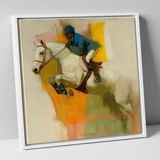 The Moment of Suspension show jumping horse canvas wall art in white frame