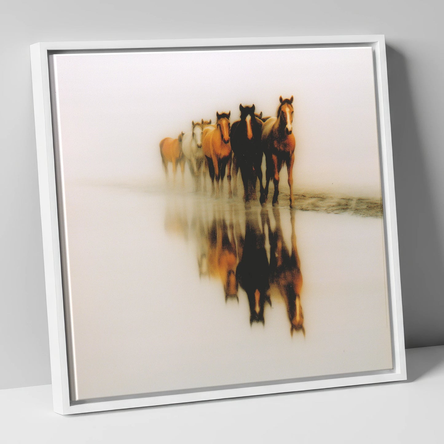 Emerging From The Mist wild horses canvas wall art in white frame