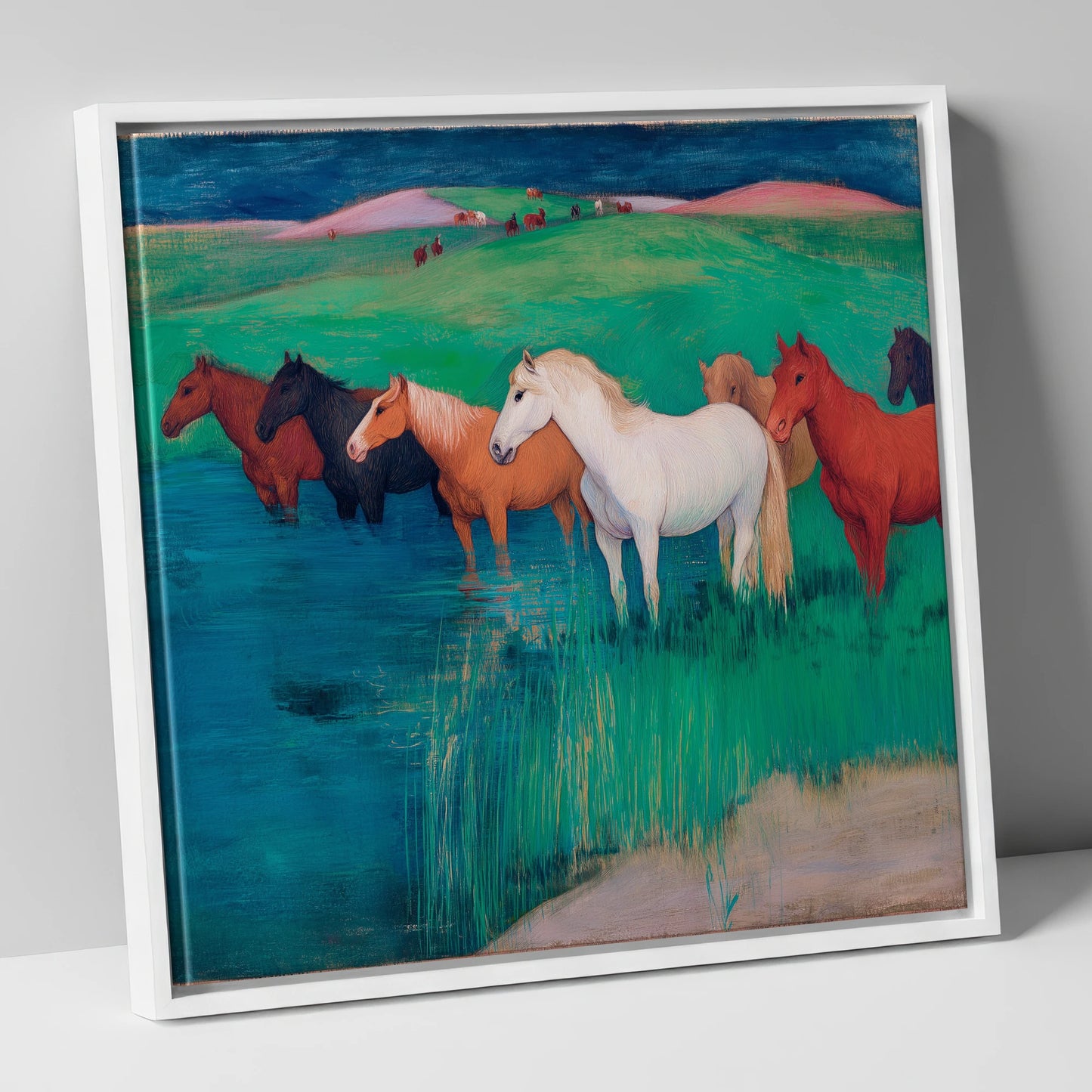 The Emerald Shallows wild horses canvas wall art in white frame