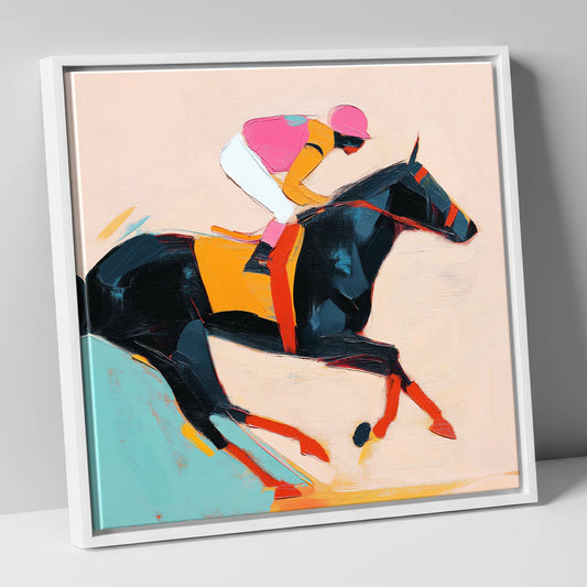 Vivid Racing Spirit racing horse canvas wall art in white frame