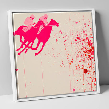 Vibrant Photo Finish racing horse canvas wall art in white frame