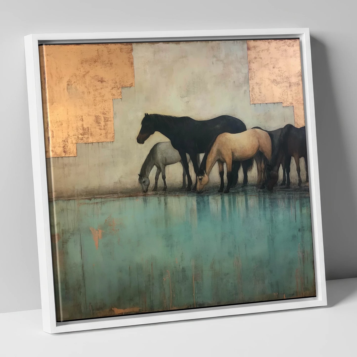 Gilded Equine Reflections wild horses canvas wall art in white frame