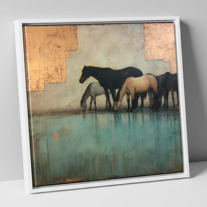 Gilded Equine Reflections wild horses canvas wall art in white frame