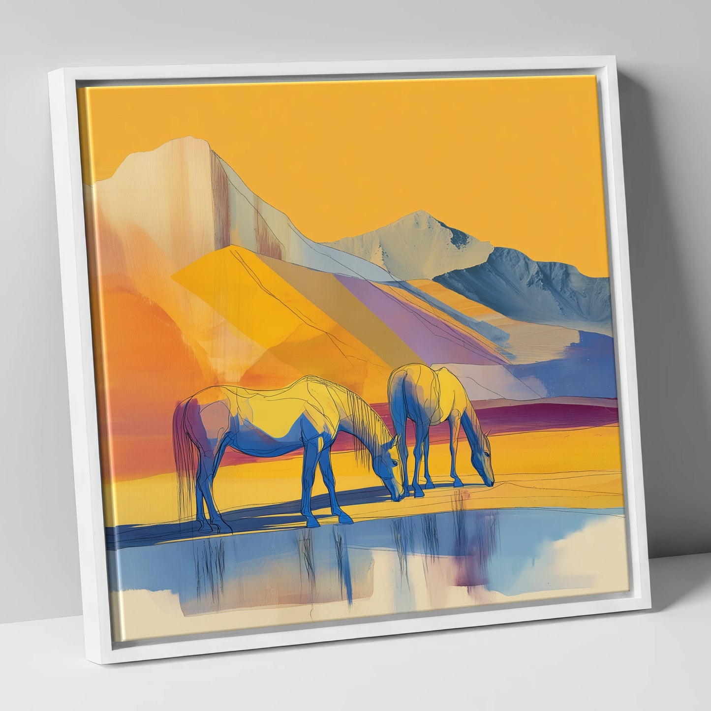 Golden Mountain Pasture horse landscape canvas wall art in white frame