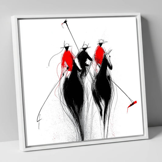 The Crimson Charge polo horse canvas wall art in white frame