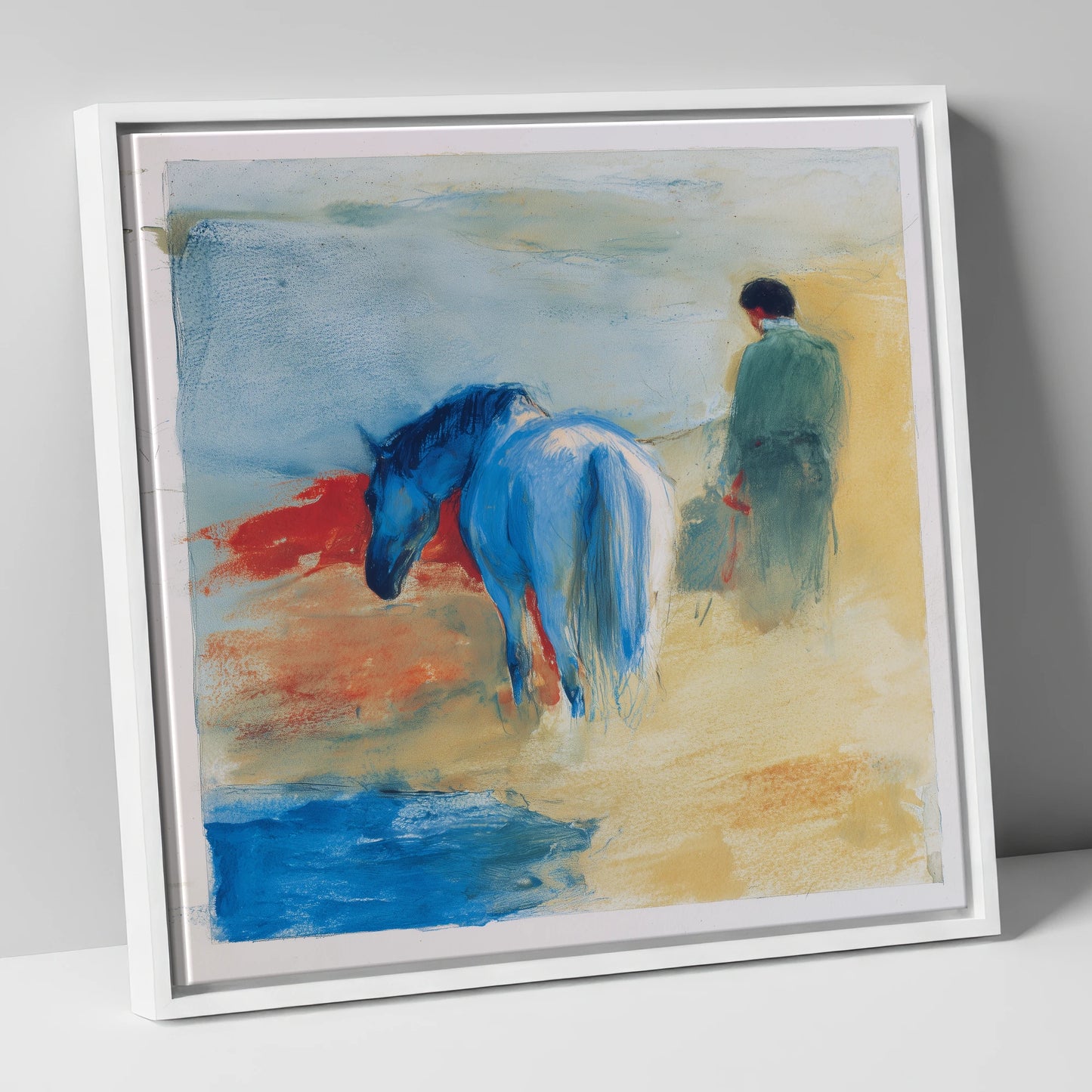 The Cobalt Companion horse & rider canvas wall art in white frame
