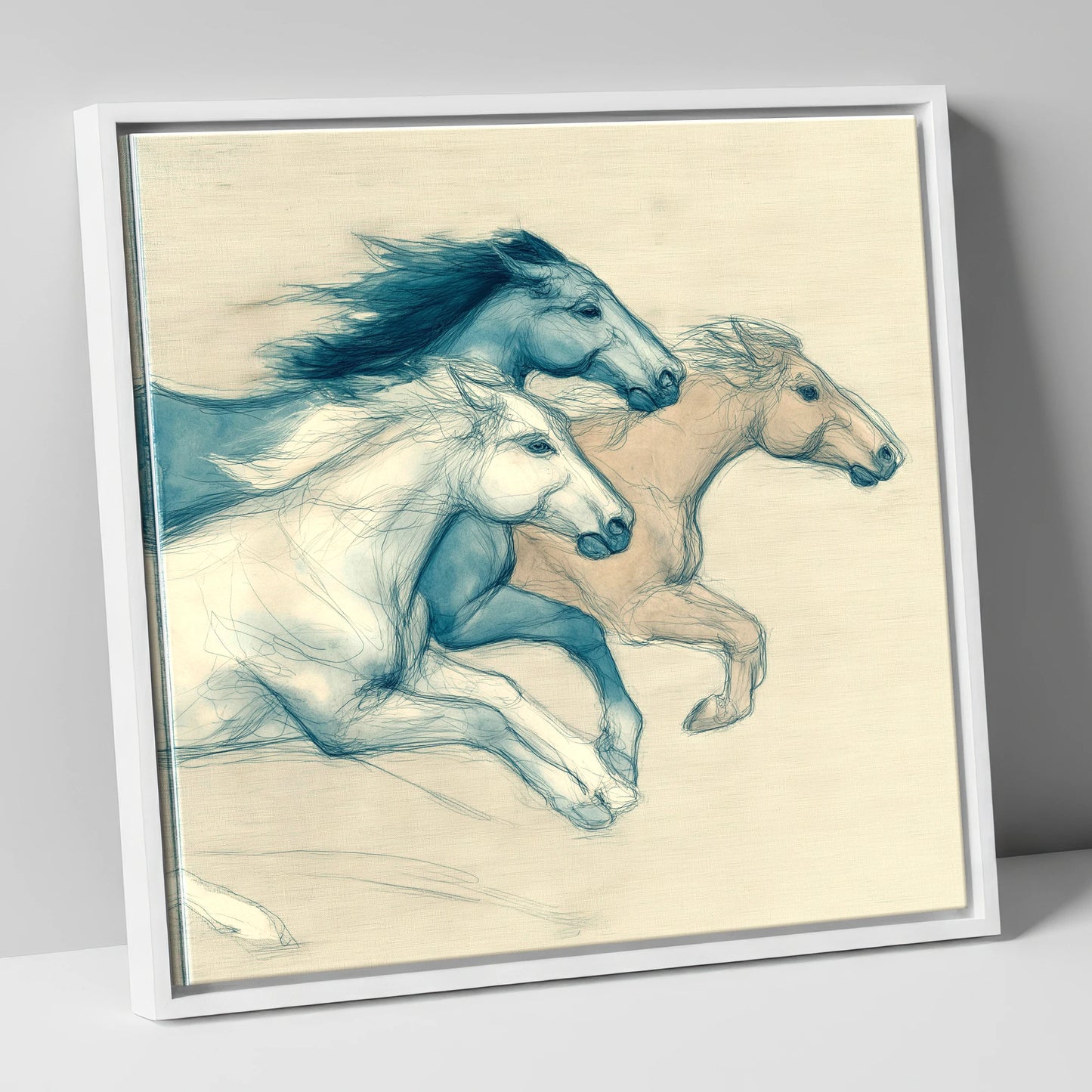 Azure Equine Trio wild horses canvas wall art in white frame