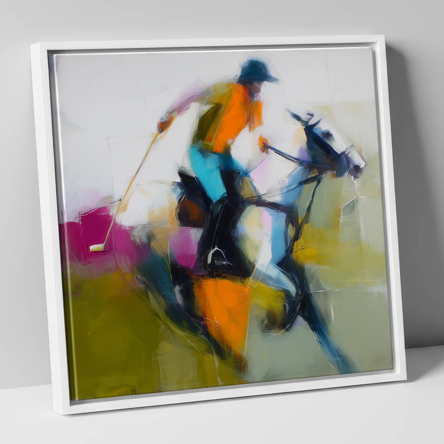 Midfield Momentum polo horse canvas wall art in white frame