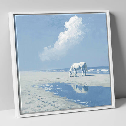Azure Shore Solitude horse landscape canvas wall art in white frame
