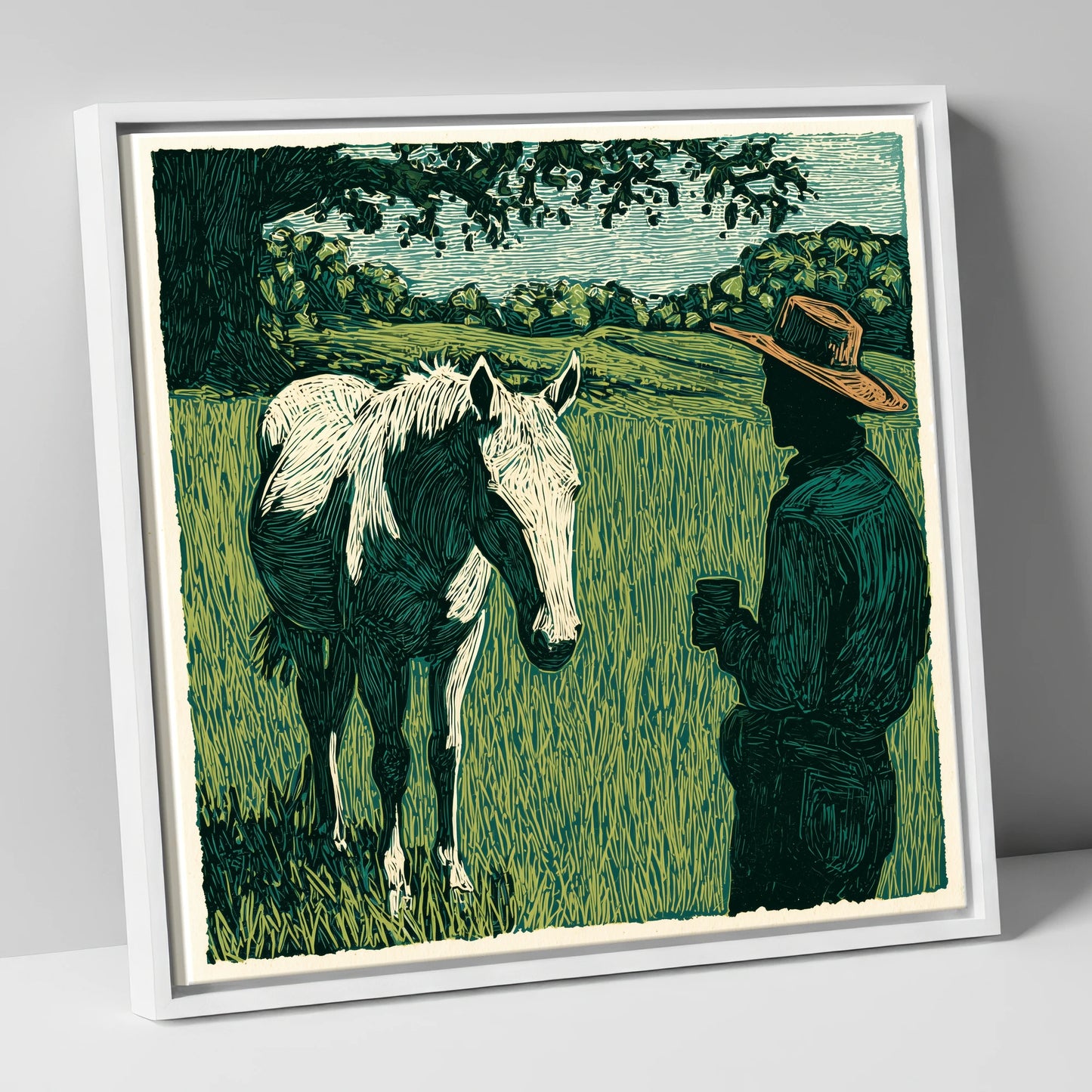 Morning Field Companion horse & rider canvas wall art in white frame