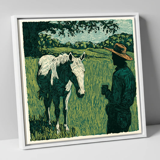 Morning Field Companion horse & rider canvas wall art in white frame
