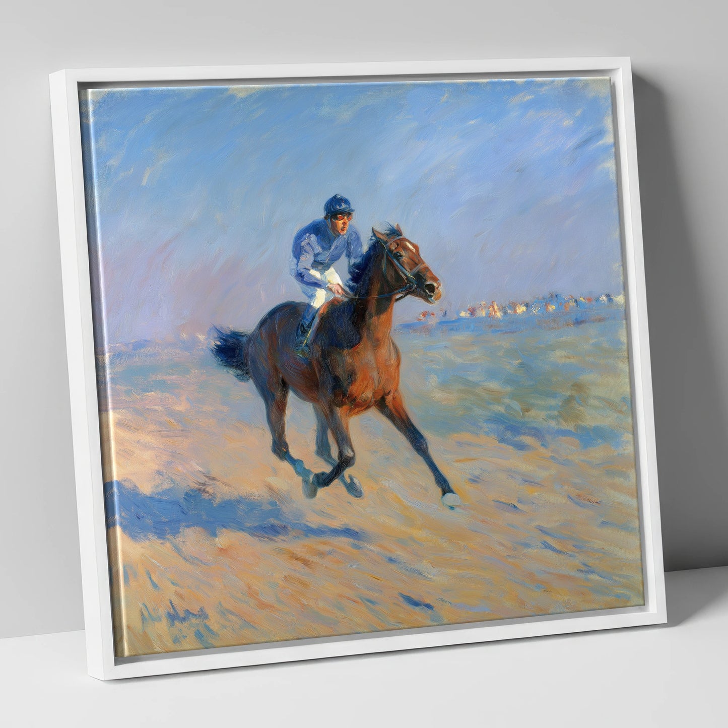 The Morning Gallop racing horse canvas wall art in white frame