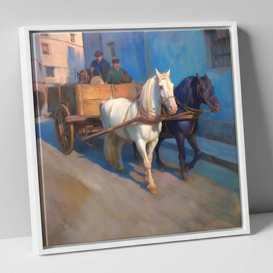 Sunlit Draught Pair working horse canvas wall art in white frame