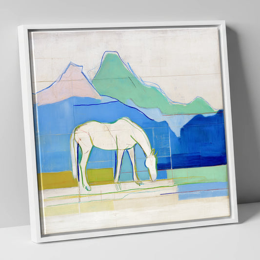 Abstract Azure Meadow horse landscape canvas wall art in white frame