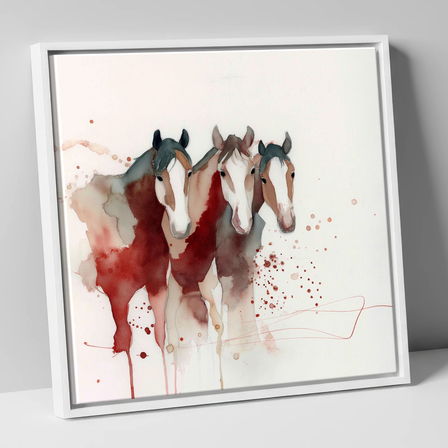 Crimson Companions wild horses canvas wall art in white frame