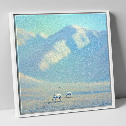 Ethereal Mountain Grazing horse landscape canvas wall art in white frame