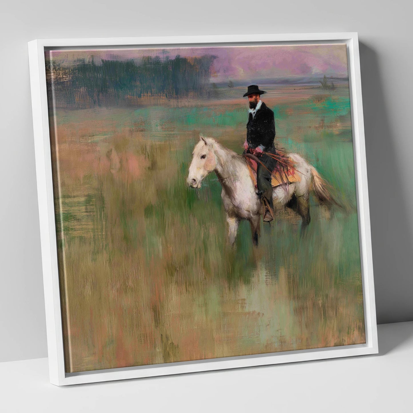 The Quiet Trail western horse canvas wall art in white frame