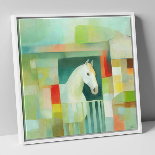 Geometric Stable Grey horse stable canvas wall art in white frame