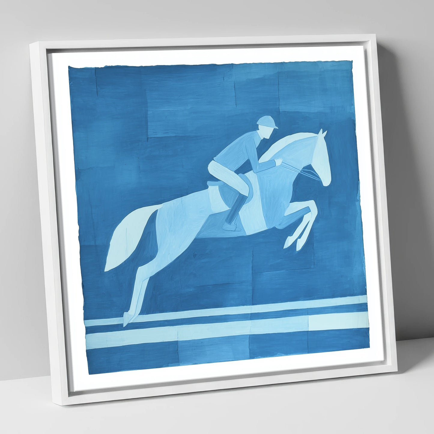 Azure Flight show jumping horse canvas wall art in white frame