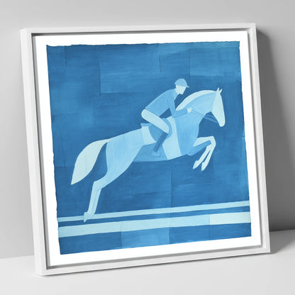 Azure Flight show jumping horse canvas wall art in white frame
