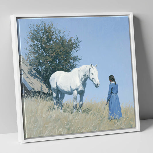 Quiet Companionship horse & rider canvas wall art in white frame