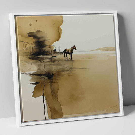 Sepia Solitude horse landscape canvas wall art in white frame