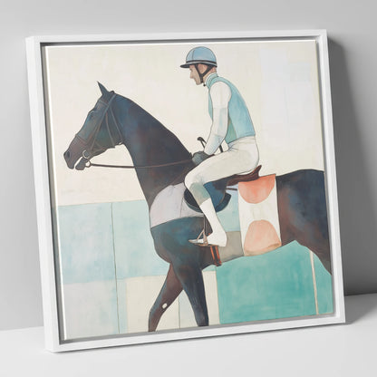 Aquamarine Stride racing horse canvas wall art in white frame
