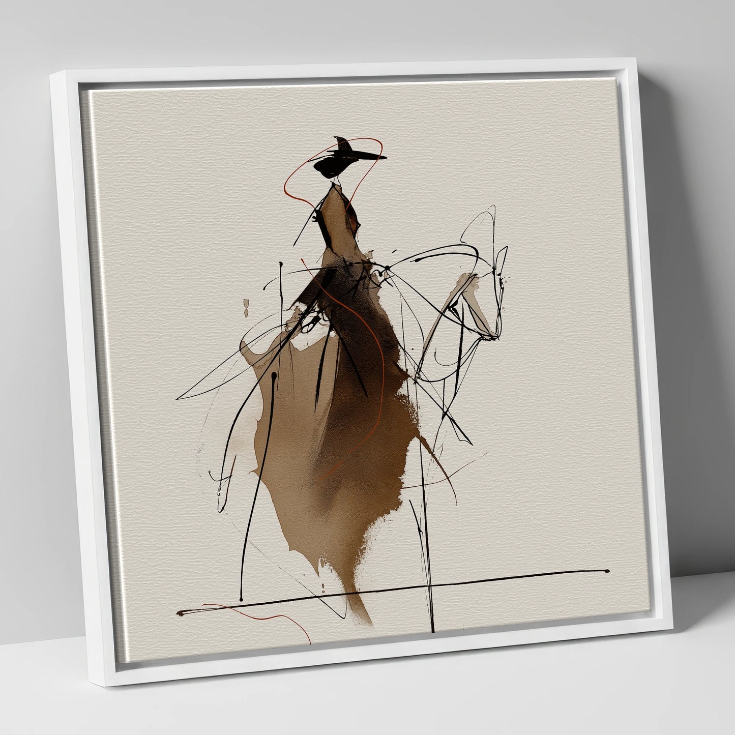 Elegant Sepia Rider horse & rider canvas wall art in white frame