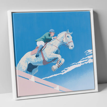 Airborne Over Blue show jumping horse canvas wall art in white frame
