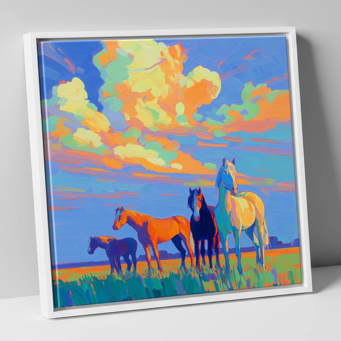 Painted Horizon Herd horse landscape canvas wall art in white frame