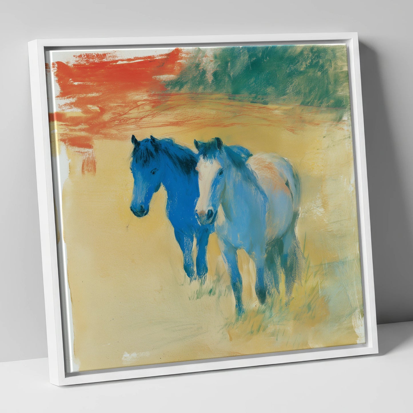 Cobalt Companions horse landscape canvas wall art in white frame