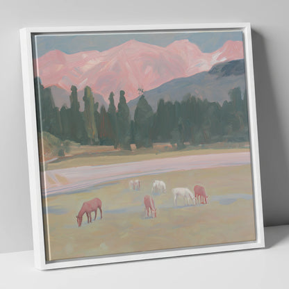 Alpenglow Pastures horse landscape canvas wall art in white frame