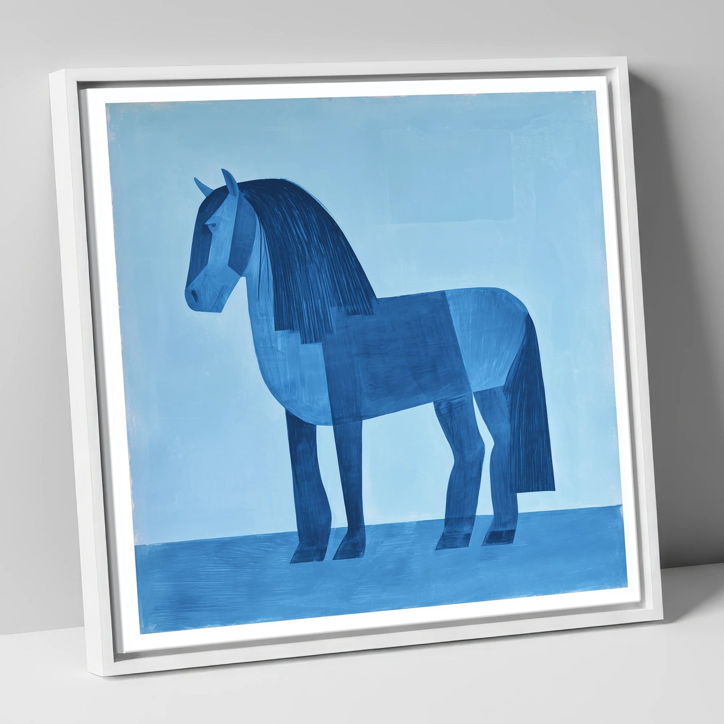 Geometric Blue Heavy Horse horse breed canvas wall art in white frame