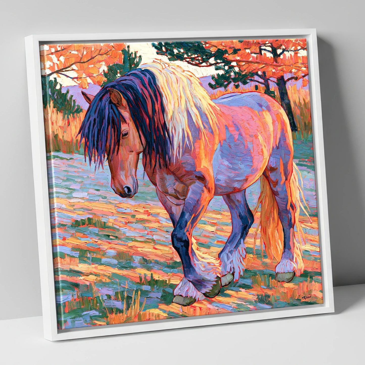 Vibrant Feathered Heavy Horse horse breed canvas wall art in white frame
