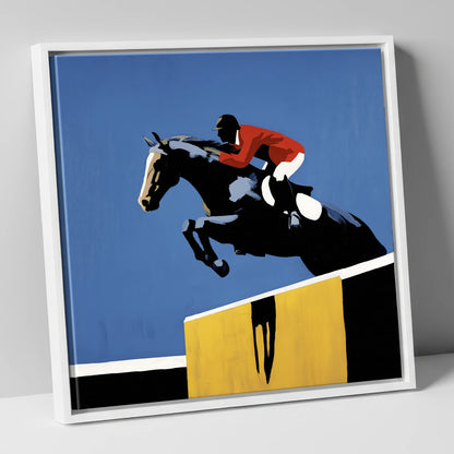 Suspended in Blue show jumping horse canvas wall art in white frame