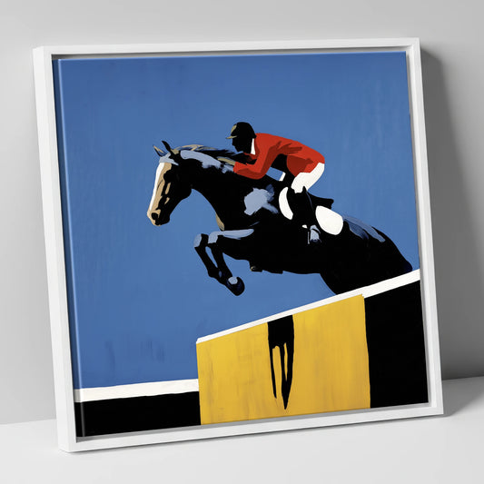 Suspended in Blue show jumping horse canvas wall art in white frame