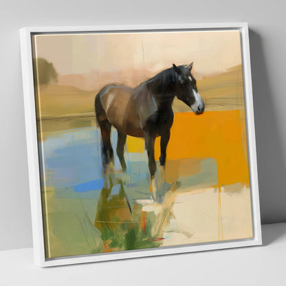 Reflections in Ochre horse portrait canvas wall art in white frame