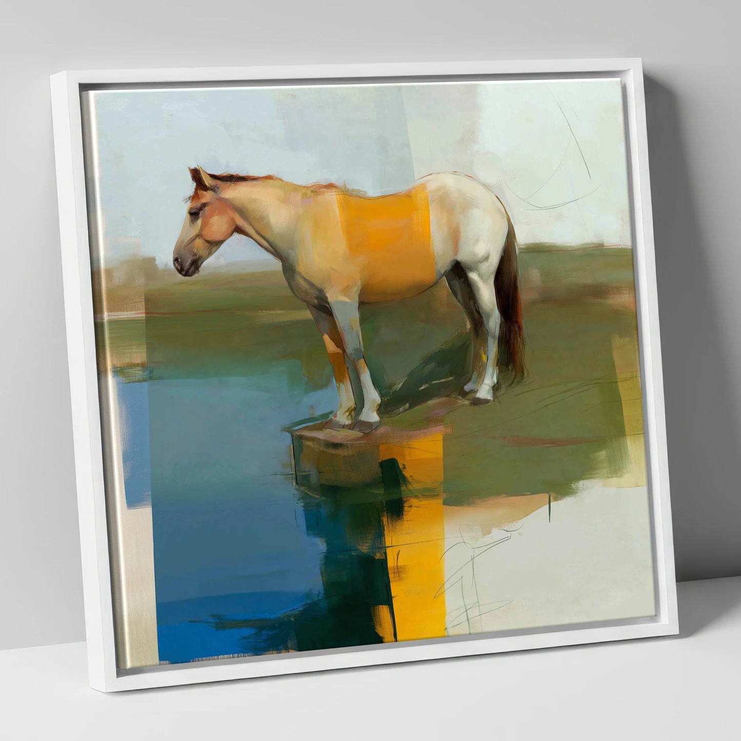 Geometric Waterside Reflection horse landscape canvas wall art in white frame