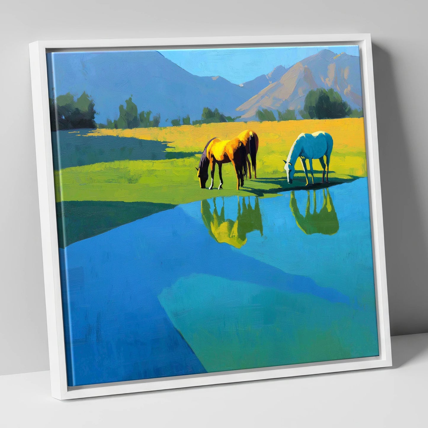 Sunlit Waterside Grazing wild horses canvas wall art in white frame