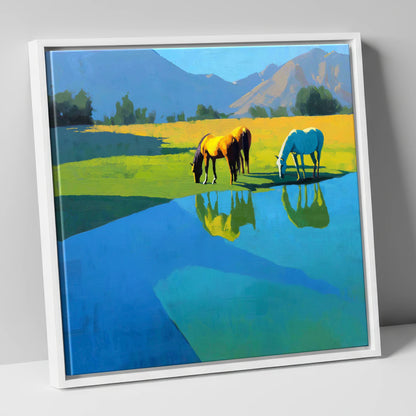Sunlit Waterside Grazing wild horses canvas wall art in white frame
