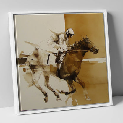 Sepia Racing Stride racing horse canvas wall art in white frame