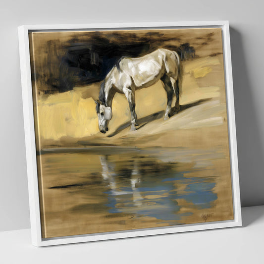 Quiet Waters Reflection horse landscape canvas wall art in white frame