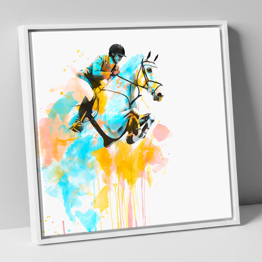 Suspended in Colour show jumping horse canvas wall art in white frame